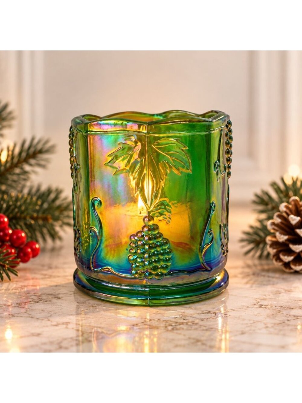 Indiana Glass Green Candle Holder Carnival Grape Leaf Iridescent Moody Art Vase
